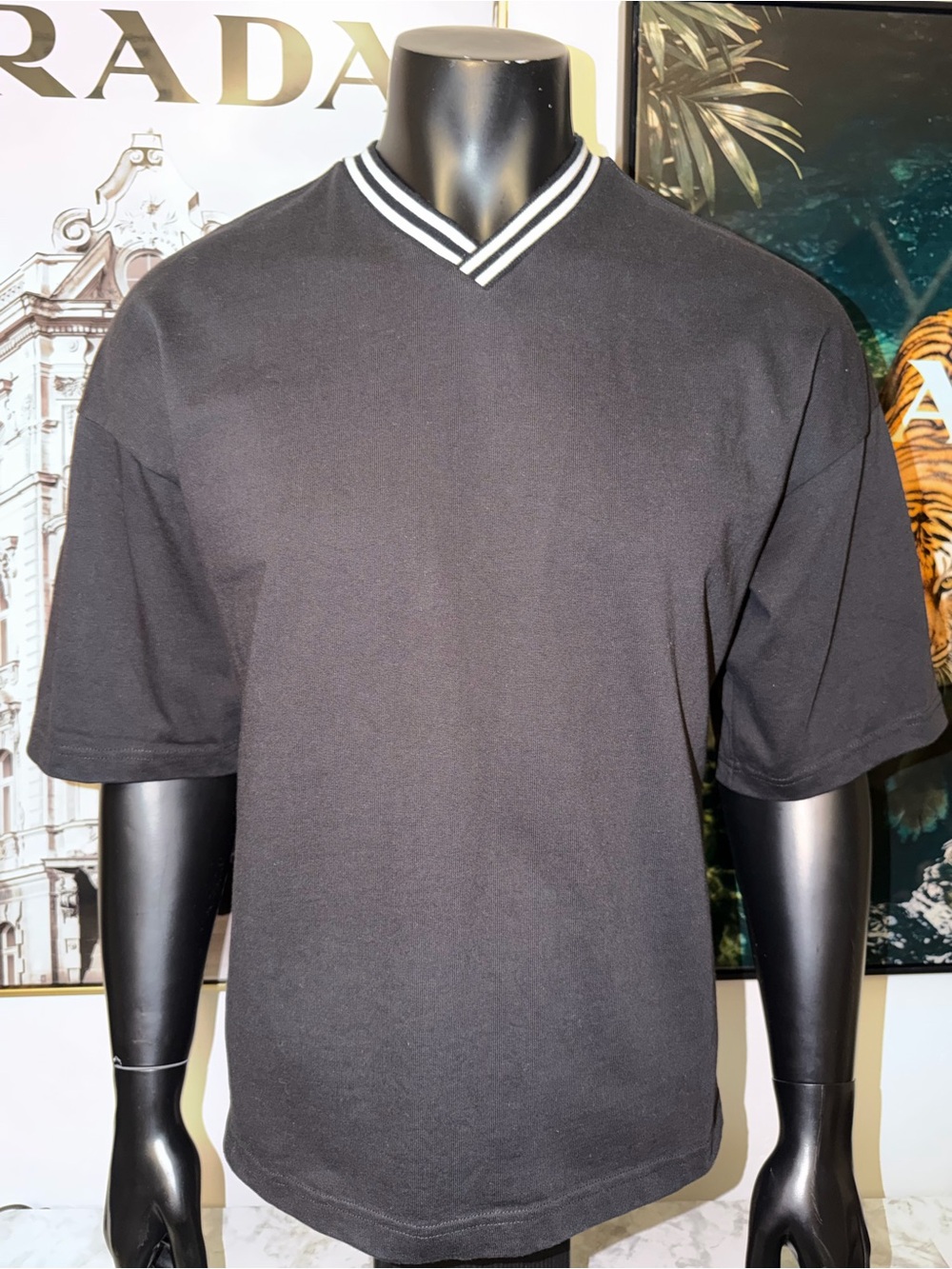 H&M Black Short-Sleeve V-Neck Tee with Striped Collar